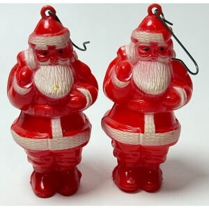 2 Vintage Rosbro Hard Plastic Red Santa Claus Christmas Candy Container Ornament